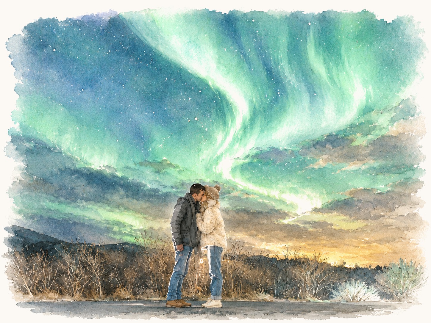Watercolor of Austin and Ana kissing beneath the northern lights