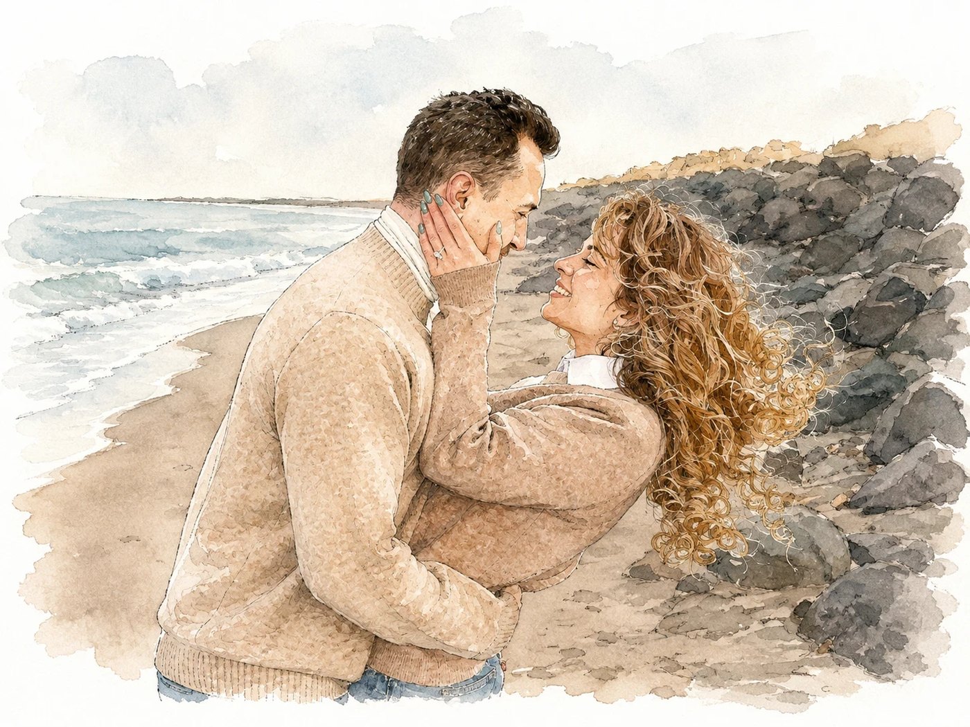 Watercolor illustration of Austin and Ana on the lakeshore