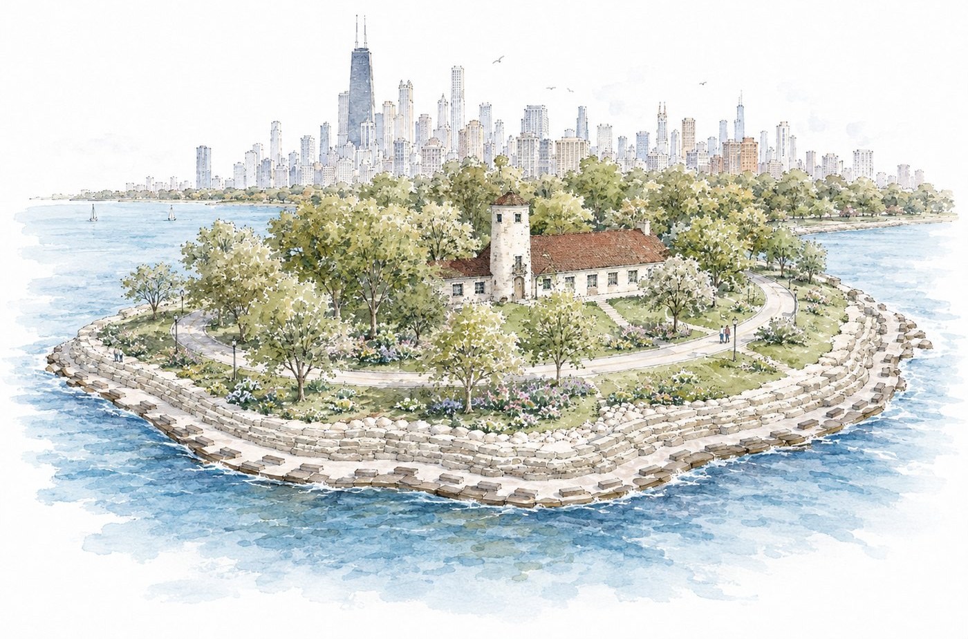 Watercolor illustration of Promontory Point with the Chicago skyline behind it